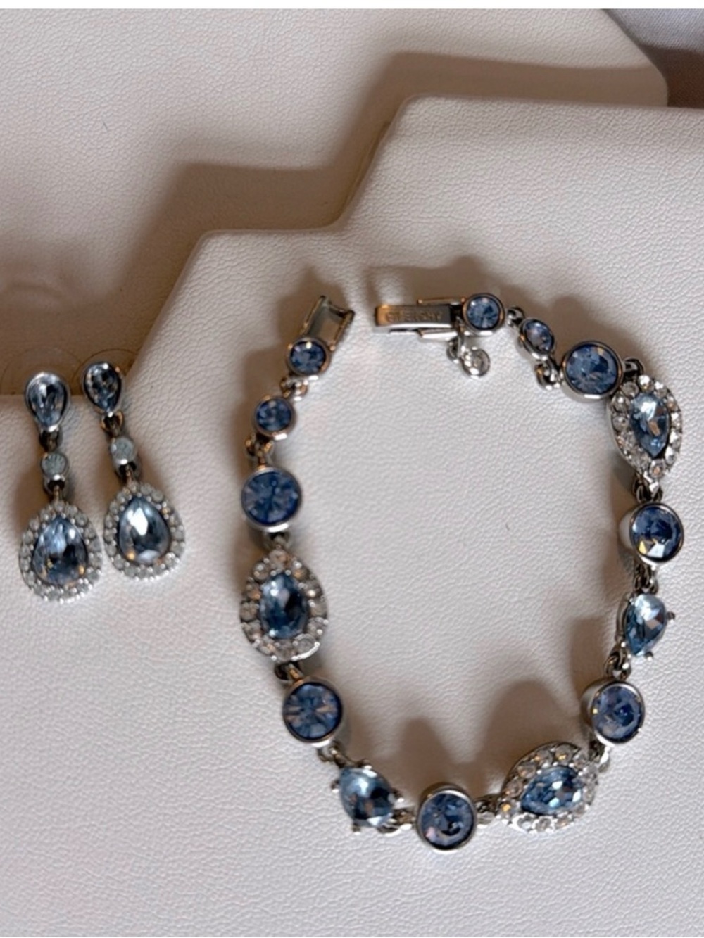 Givenchy Elegant Blue and Crystal Gems Set in Silver Bracelet and Earrings Set